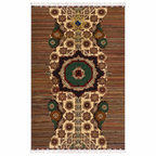 Handwoven Afghan Kilim rug with geometric star medallion pattern in ivory, dark brown, and emerald green with multicolor striped border and white fringe