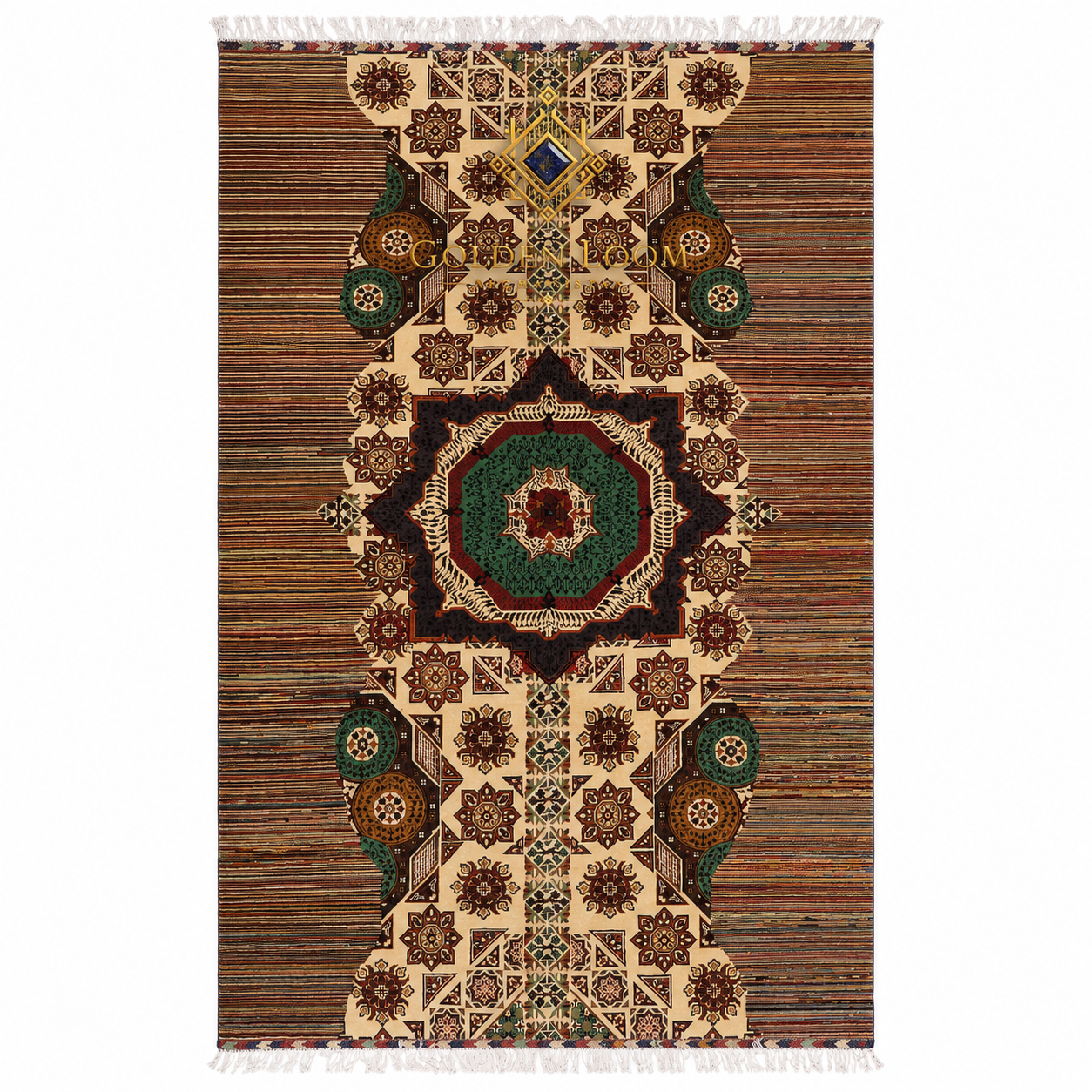 Handwoven Afghan Kilim rug with geometric star medallion pattern in ivory, dark brown, and emerald green with multicolor striped border and white fringe