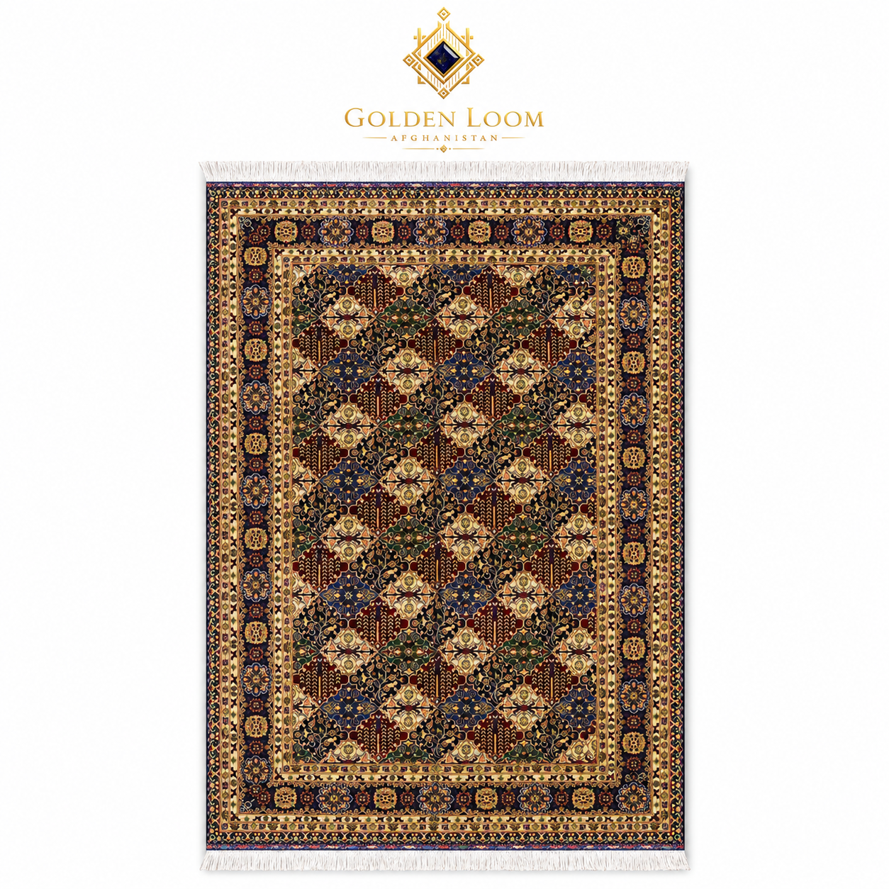 Handwoven Afghan Mamluk carpet with multicolor diamond lattice pattern and ivory fringe, by Golden Loom Afghanistan