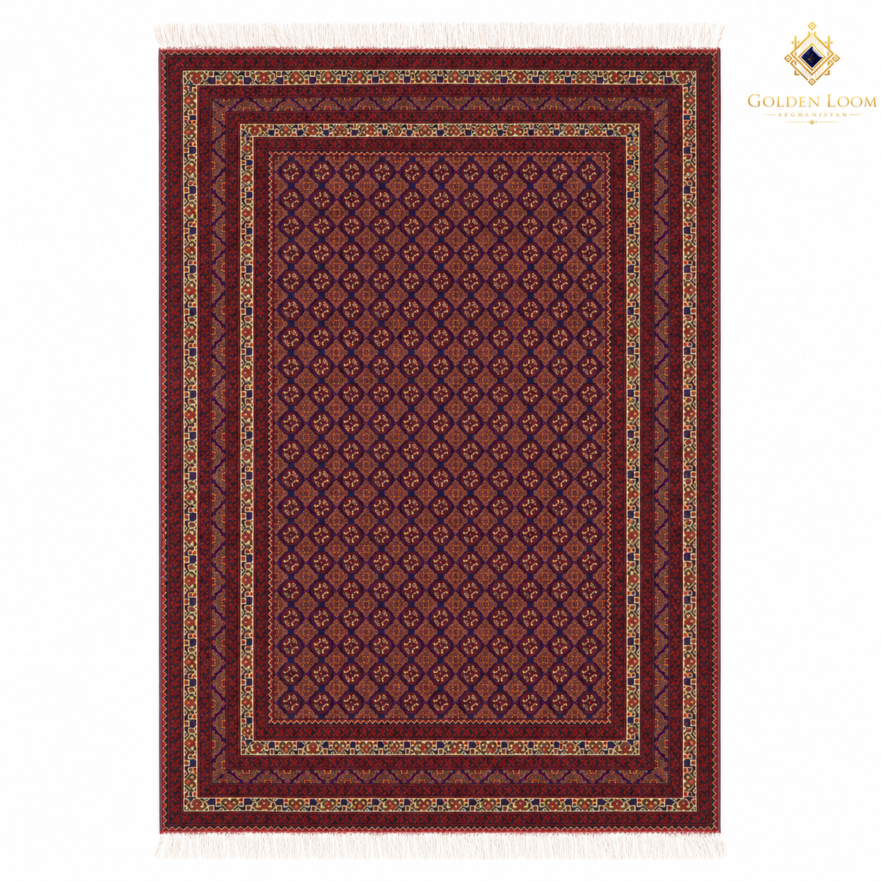 Handwoven Afghan carpet with deep crimson all-over geometric lattice pattern, ivory fringe, and multi-layered border — Golden Loom Afghanistan