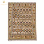 Afghan Mamluk hand-knotted wool area rug with multicolor geometric medallion pattern on ivory field and burgundy border with fringe
