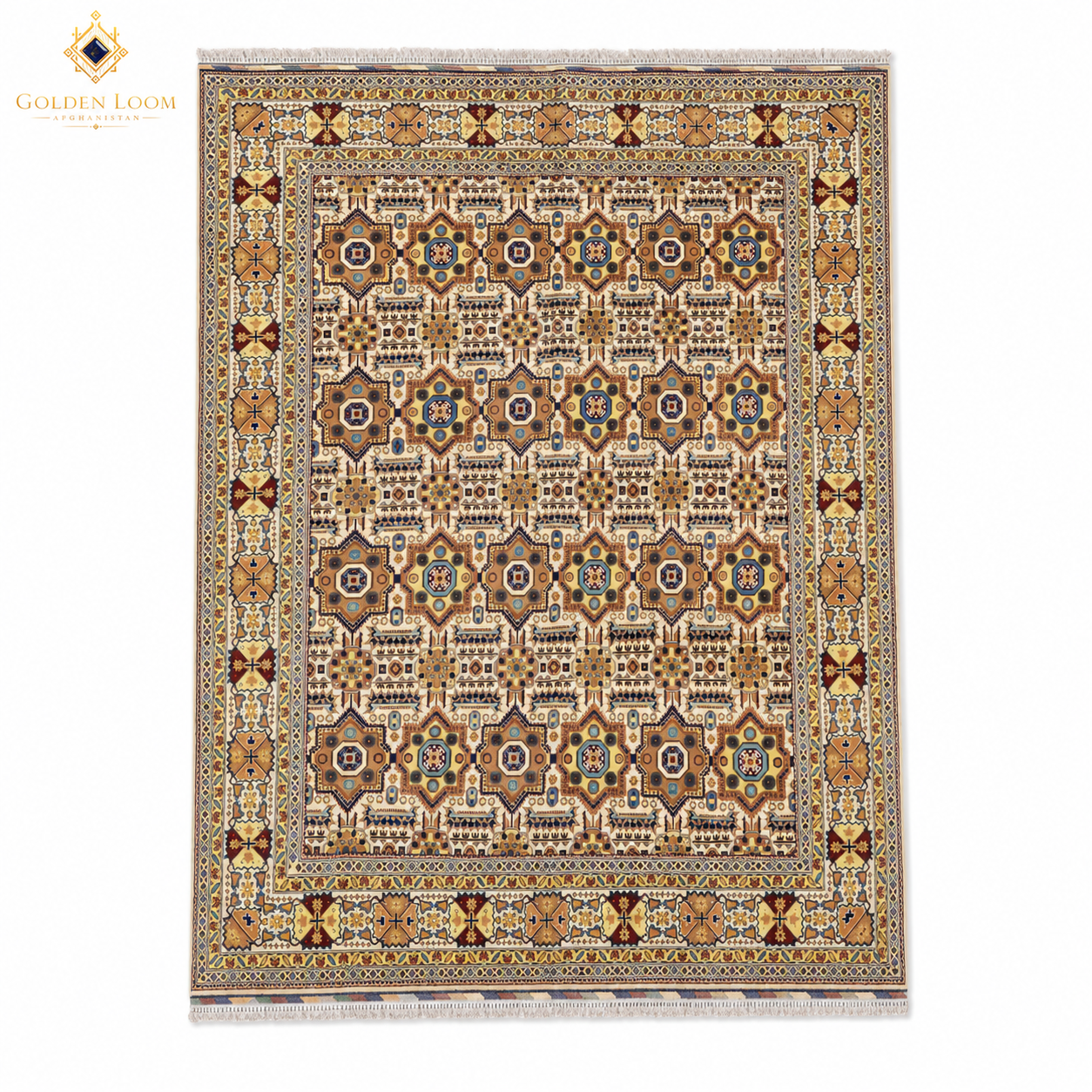 Afghan Mamluk hand-knotted wool area rug with multicolor geometric medallion pattern on ivory field and burgundy border with fringe