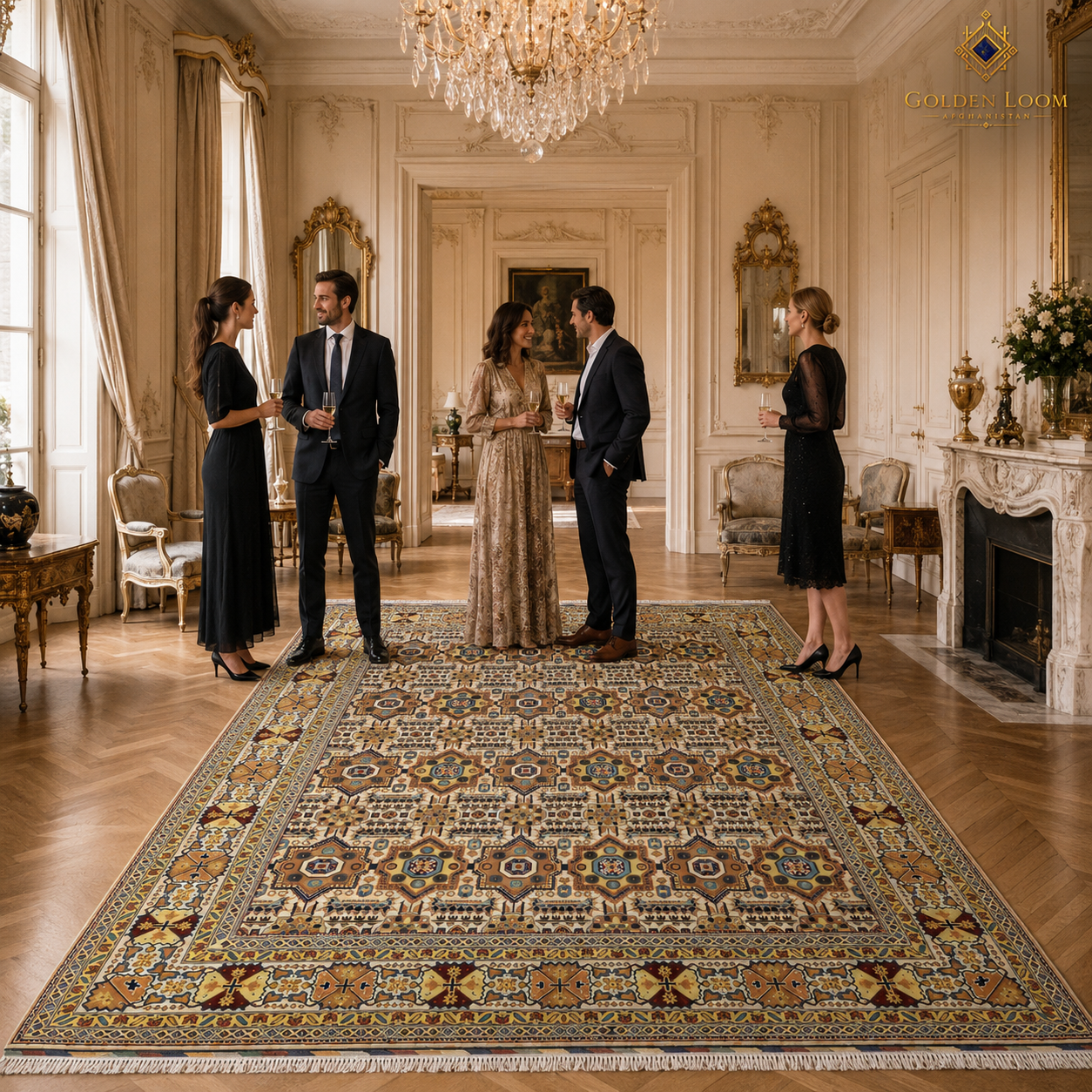 Afghan Mamluk handmade wool rug in ivory and gold displayed in a French Baroque salon with crystal chandelier and elegant guests