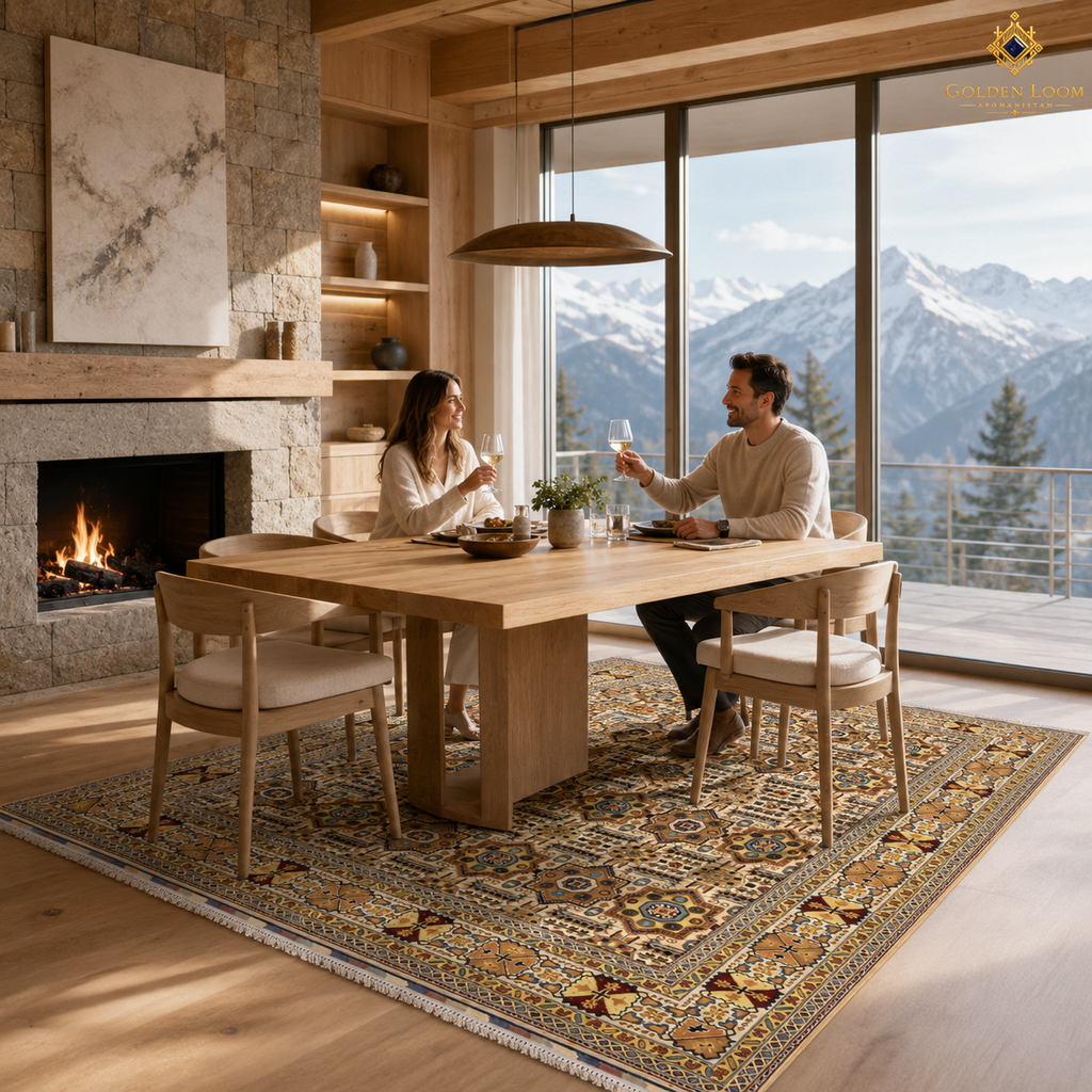 Afghan Mamluk hand-knotted wool rug in ivory and gold tones in a Scandinavian alpine dining room with stone fireplace and mountain views