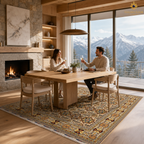 Afghan Mamluk hand-knotted wool rug in ivory and gold tones in a Scandinavian alpine dining room with stone fireplace and mountain views