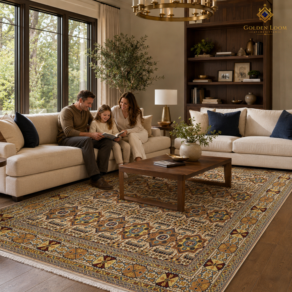 Large Afghan Mamluk hand-knotted rug with multicolor geometric pattern in a modern American family living room with sectional sofa
