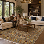 Large Afghan Mamluk hand-knotted rug with multicolor geometric pattern in a modern American family living room with sectional sofa