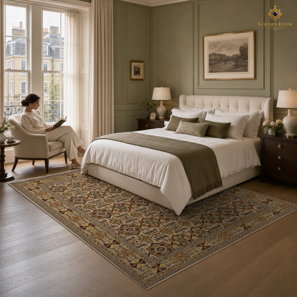Handmade Afghan carpet in brown and ivory tones placed under a king bed in a classic British Georgian bedroom with sage green walls