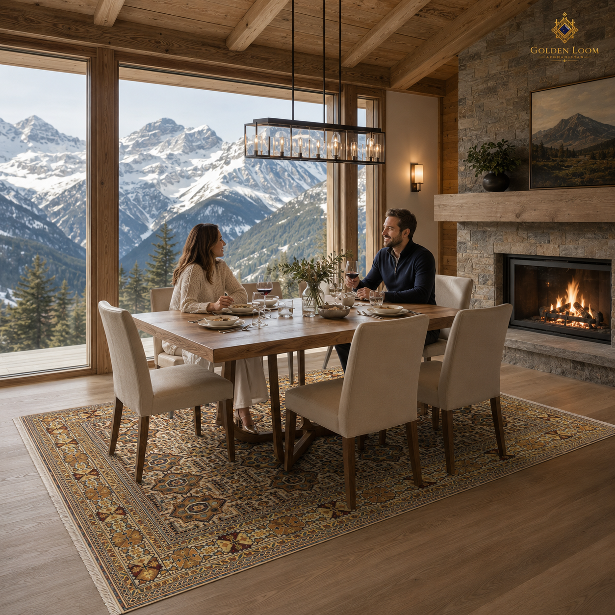 Afghan hand-knotted wool rug with floral border in a luxury alpine chalet dining room with mountain views and stone fireplace