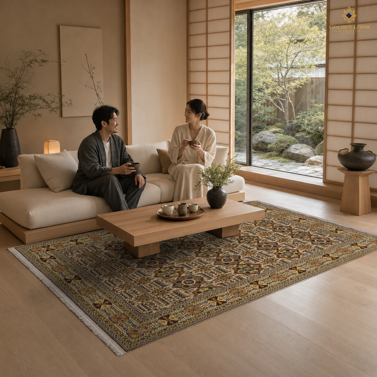 Traditional Afghan handmade carpet with geometric medallion pattern in a Japanese minimalist living room with shoji screens and Zen garden