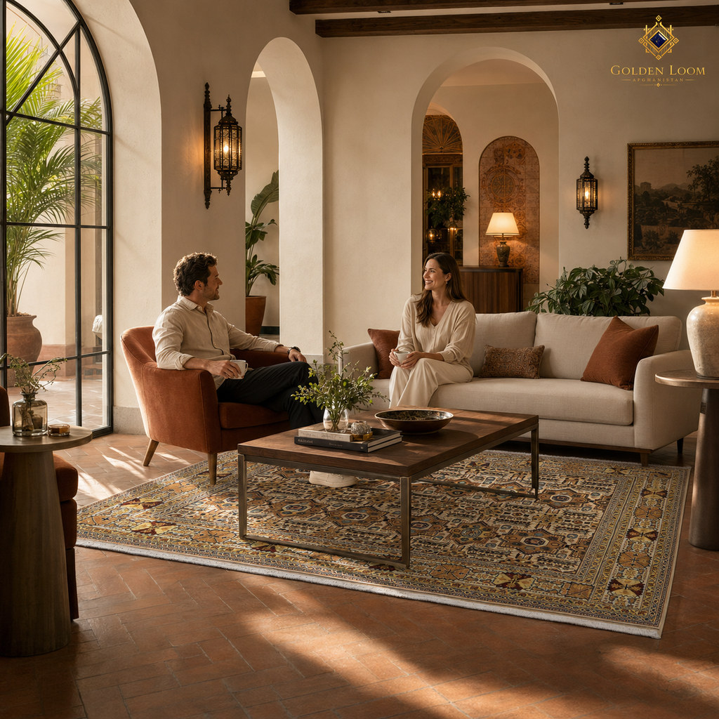 Hand-knotted Afghan Chobi rug in warm earth tones styled in a Mediterranean living room with terracotta floors and arched doorways