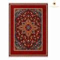 Full flat-lay of Chobi Kashan hand-knotted Afghan wool carpet on white background, showing deep red field, navy blue border, peach star medallion, and ivory fringe — Golden Loom Afghanistan