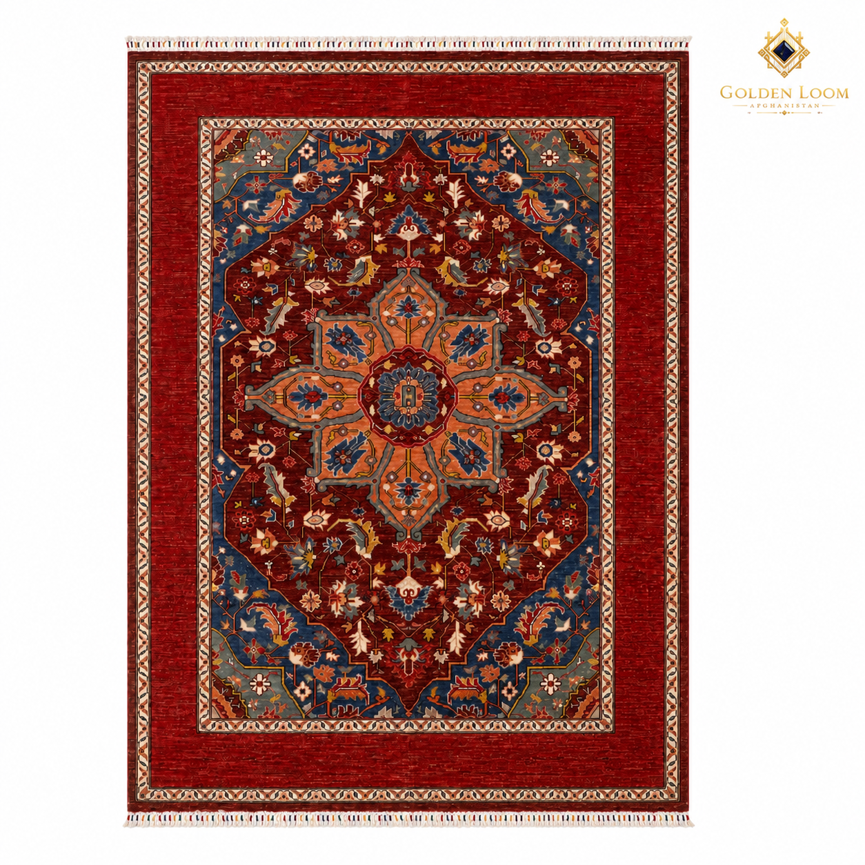 Full flat-lay of Chobi Kashan hand-knotted Afghan wool carpet on white background, showing deep red field, navy blue border, peach star medallion, and ivory fringe — Golden Loom Afghanistan