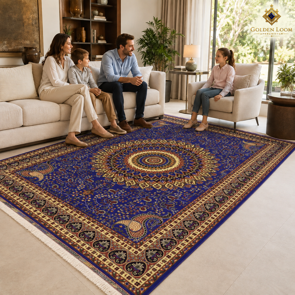 The Mazar-e-Sharif Peacock Legacy highlighting its hand-knotted pattern, natural wool and artisan craftsmanship.
