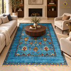 Turquoise botanical Afghan wool carpet styled beneath a walnut coffee table in a luxury living room