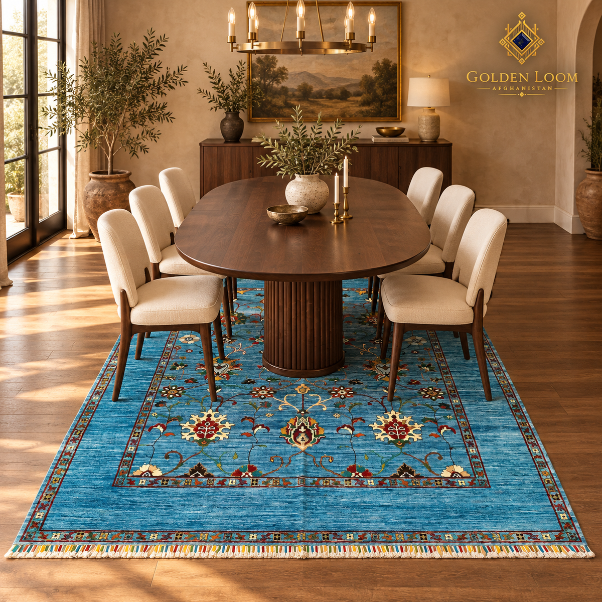 Turquoise botanical Afghan wool carpet beneath a walnut dining table in an elegant formal dining room