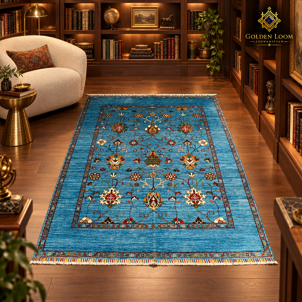 urquoise botanical Afghan wool carpet displayed in a warm walnut collector’s library