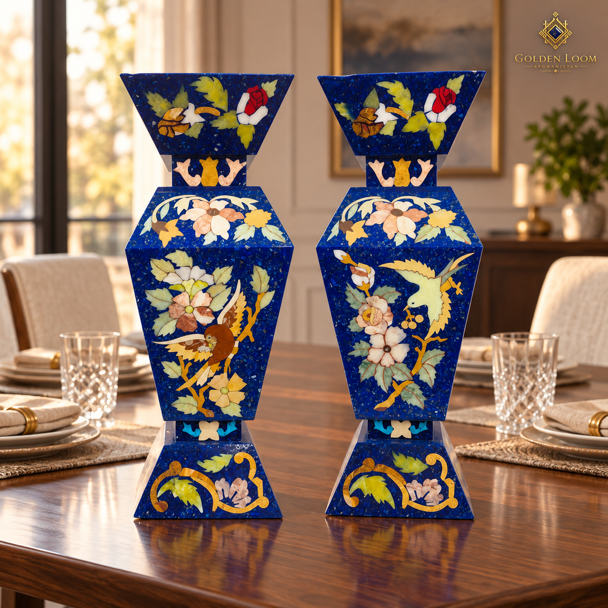 Afghan four-sided stone vase pair styled on a polished walnut dining table.