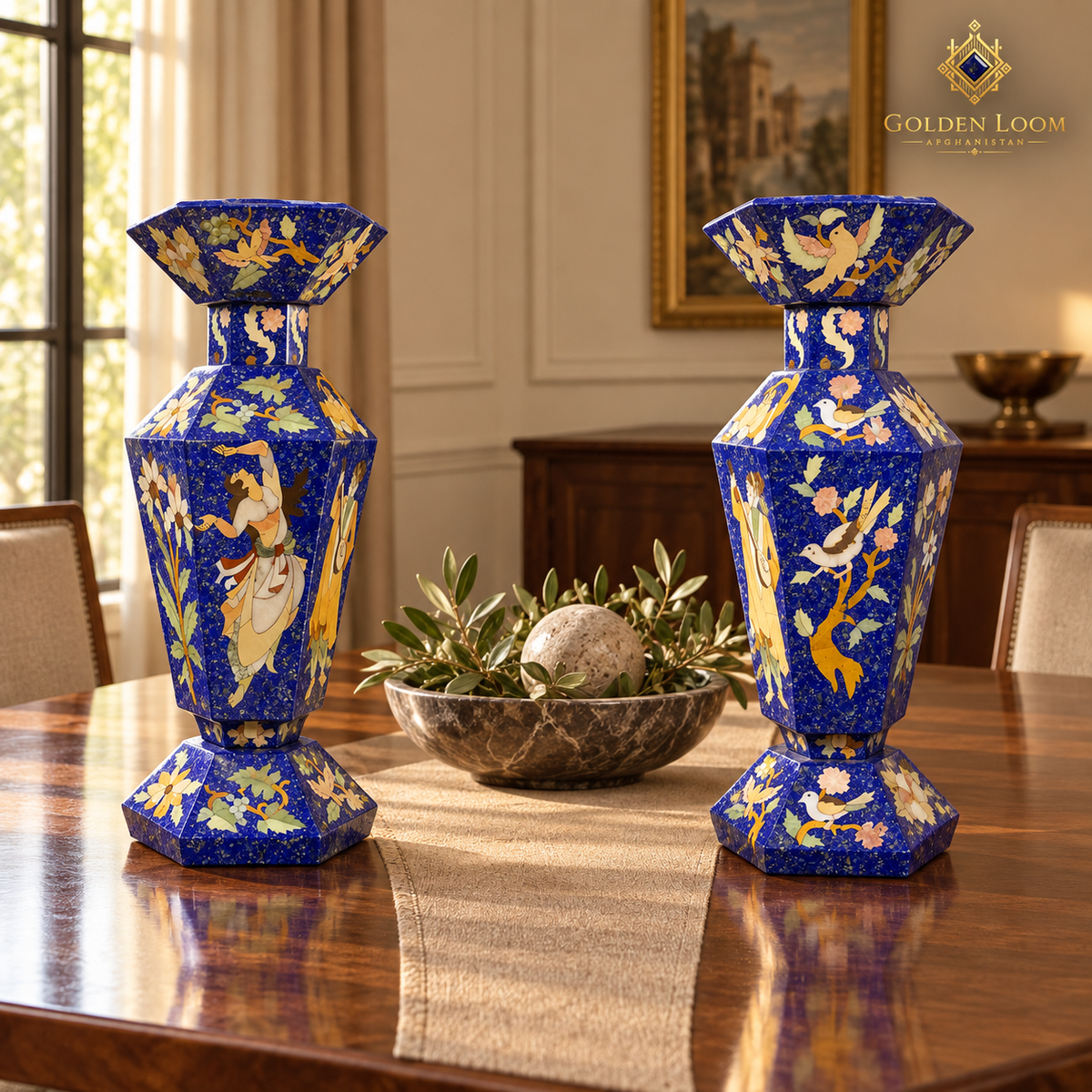 Pair of handcrafted lapis mosaic vases styled on a polished walnut dining table with a restrained centerpiece