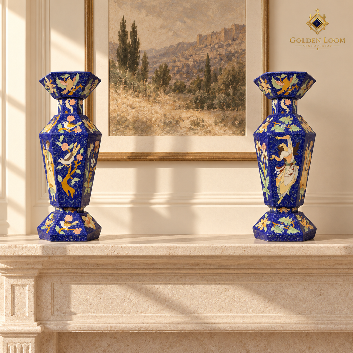 Nature’s Mosaic Symphony Vase Pair displayed on a dark walnut console in an elegant cream interior