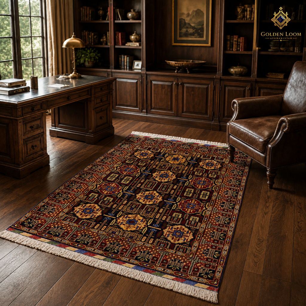 Authentic Afghan hand-knotted carpet with repeating medallion design in deep red and gold beneath a dark wood dining table — Golden Loom Afghanistan