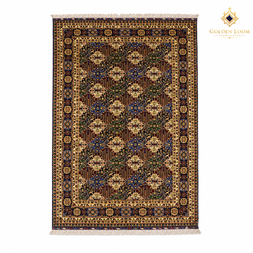 The Mazar-e-Sharif Aqcha Legacy, a hand-knotted Afghan wool carpet shown in full.