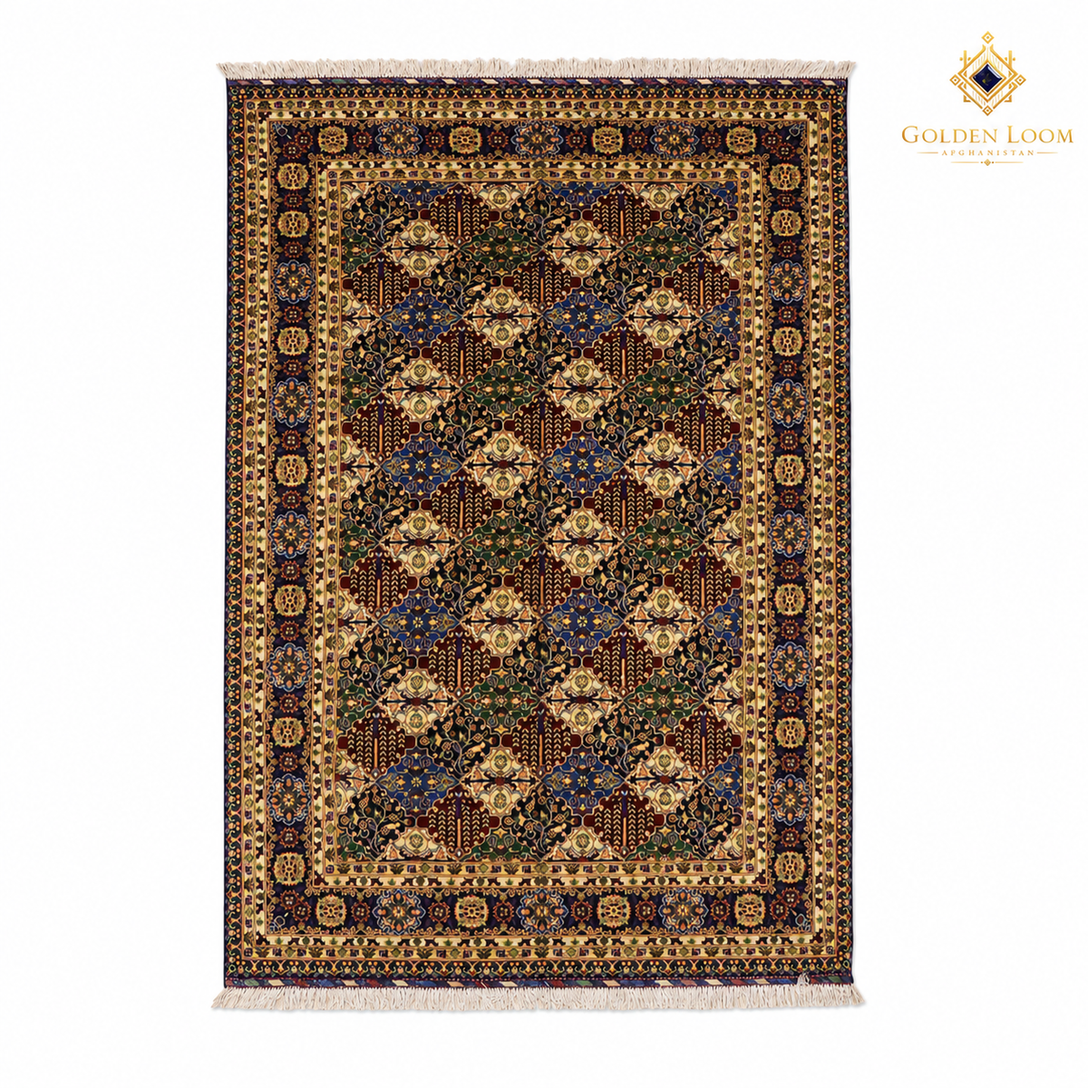 The Mazar-e-Sharif Aqcha Legacy, a hand-knotted Afghan wool carpet shown in full.