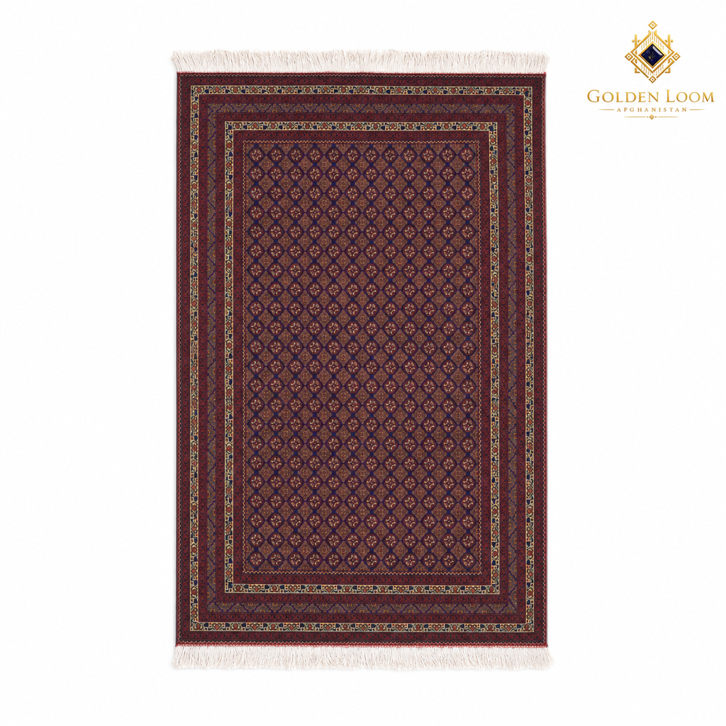 Top view of the Mawr Heritage hand-knotted Belzhiki Afghan wool rug in deep burgundy with navy and beige details