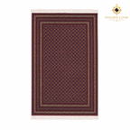 Top view of the Mawr Heritage hand-knotted Belzhiki Afghan wool rug in deep burgundy with navy and beige details