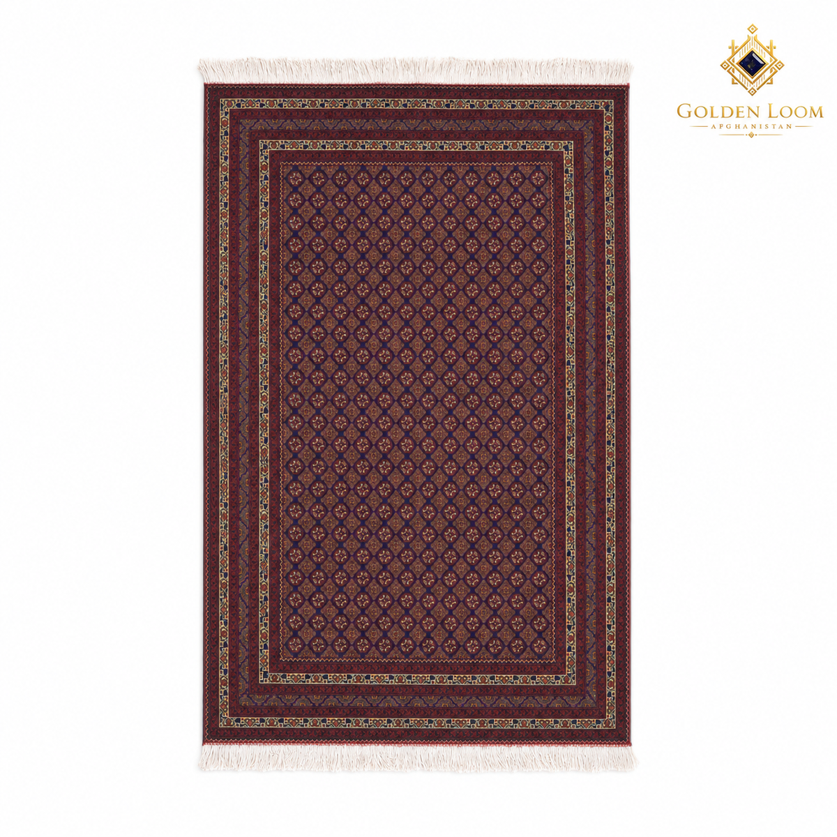 Top view of the Mawr Heritage hand-knotted Belzhiki Afghan wool rug in deep burgundy with navy and beige details