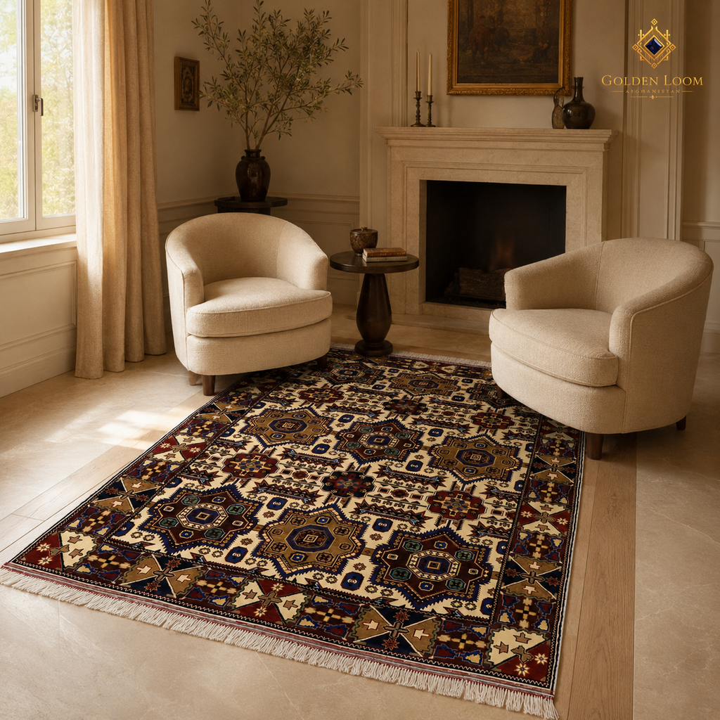 Traditional Afghan hand-knotted rug with multi-medallion geometric design in cream, burgundy, and gold in a classic living room setting


