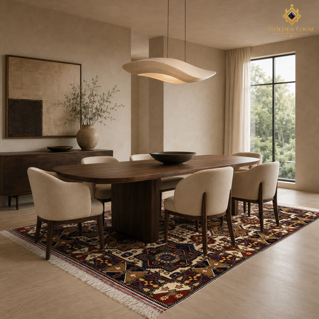 Handwoven Afghan carpet with geometric Belzhiki pattern in ivory, red, and gold under a modern oval dining table