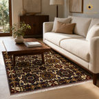 Golden Loom Afghanistan handwoven carpet with bold geometric pattern in cream and earth tones styled under a walnut coffee table
