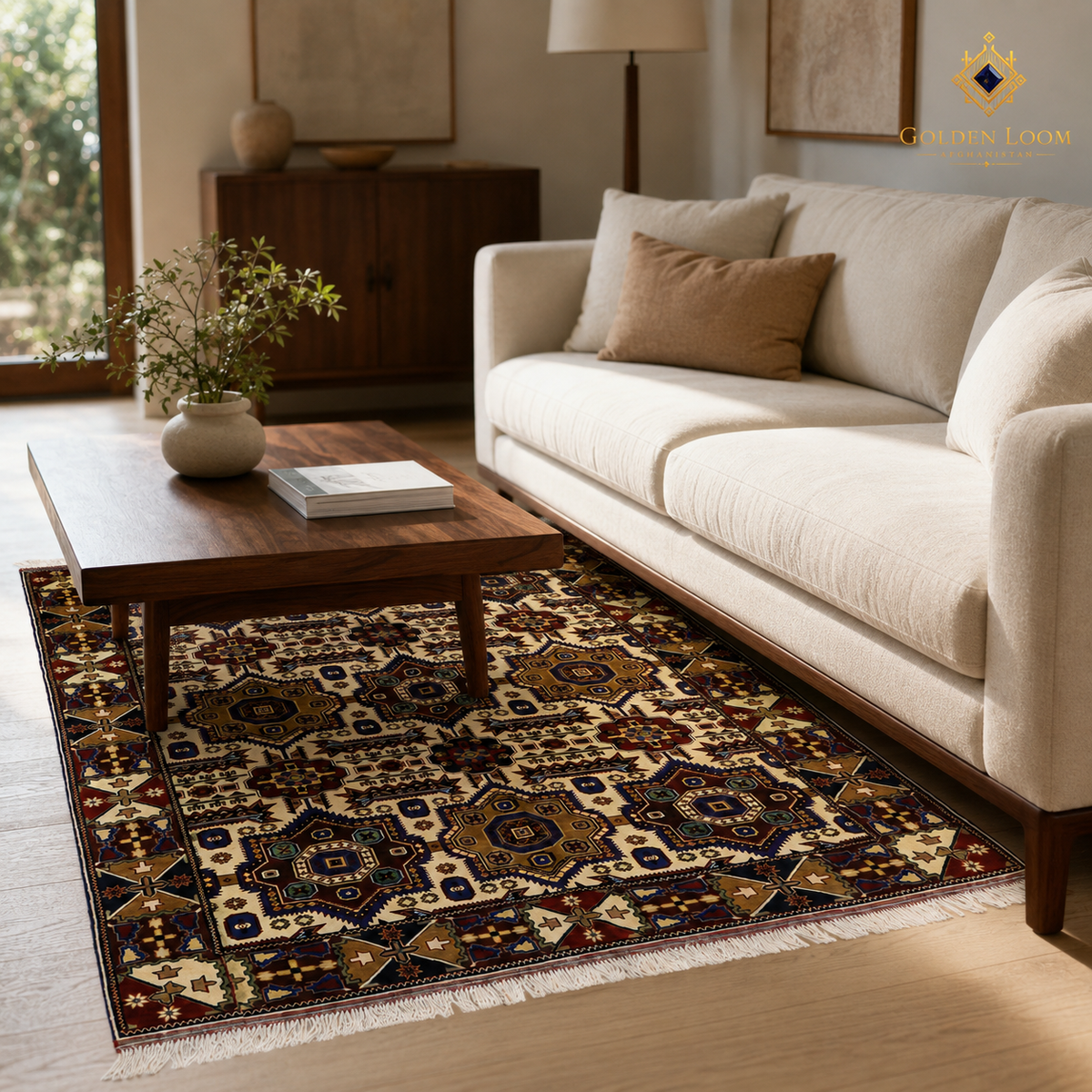 Golden Loom Afghanistan handwoven carpet with bold geometric pattern in cream and earth tones styled under a walnut coffee table