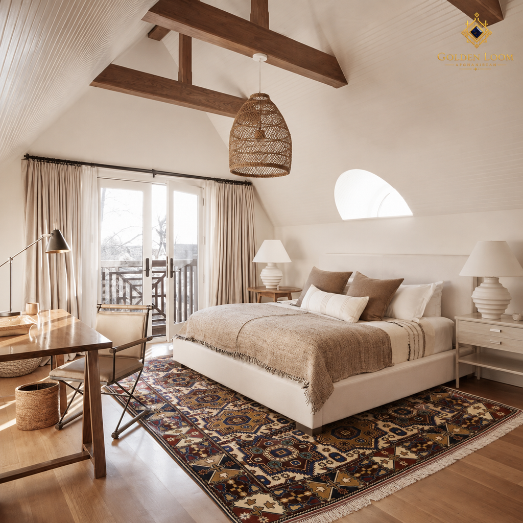Authentic Afghan hand-knotted rug with tribal geometric motifs in a bright Scandinavian-style bedroom with exposed wooden beams