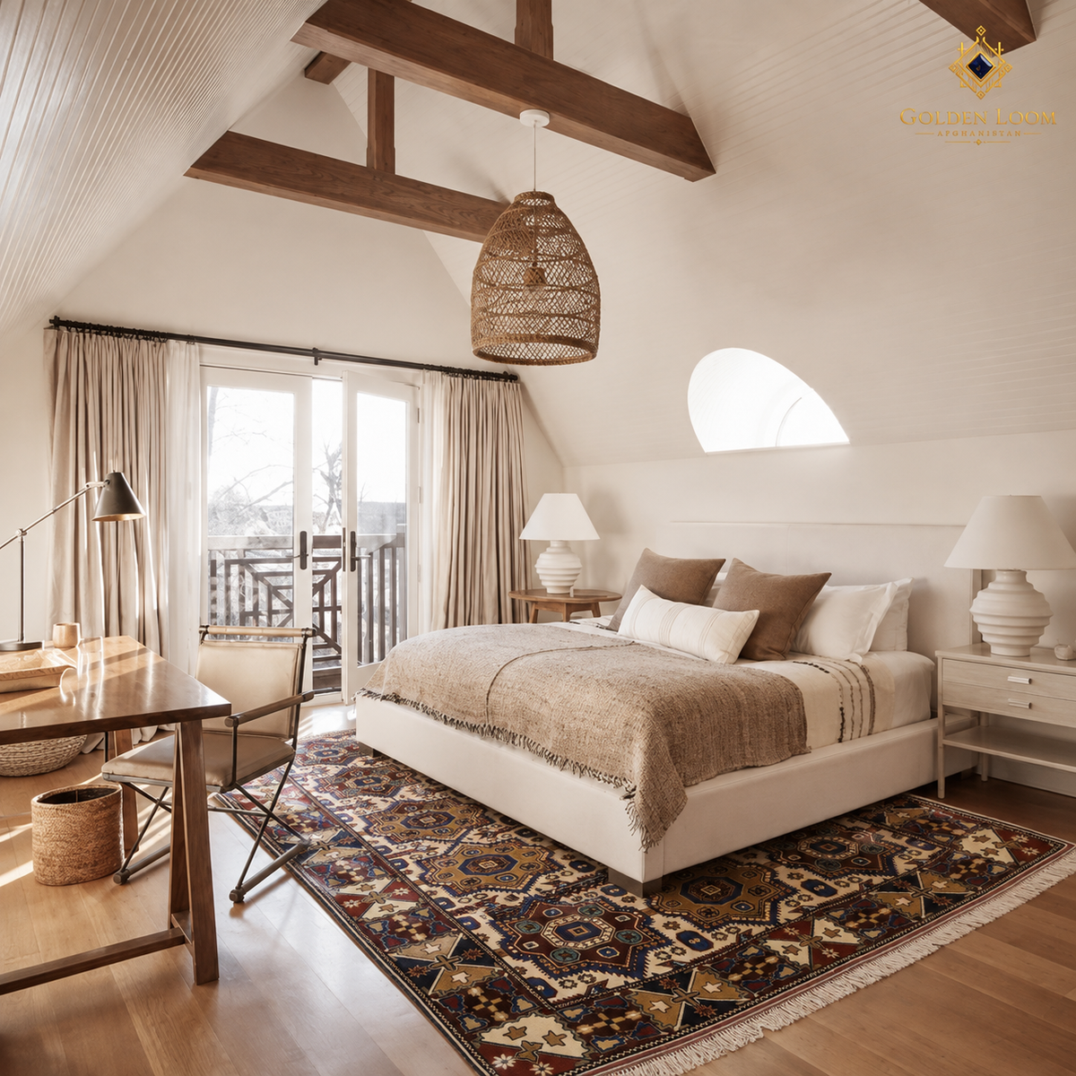 Authentic Afghan hand-knotted rug with tribal geometric motifs in a bright Scandinavian-style bedroom with exposed wooden beams