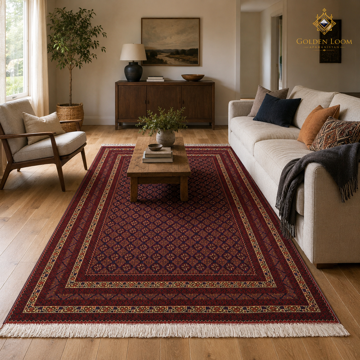 Mawr Heritage hand-knotted Afghan wool rug styled in a naturally lit contemporary living room
