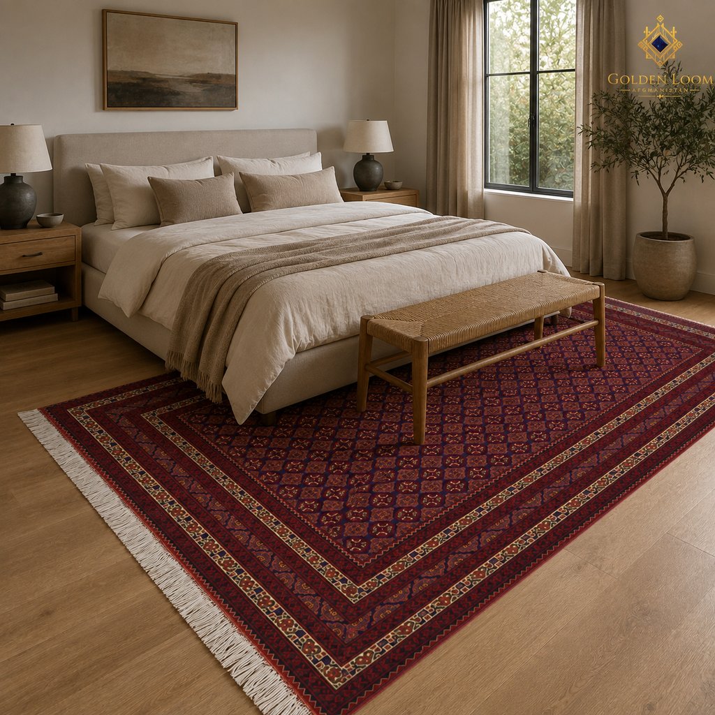 Authentic Afghan hand-knotted wool rug with traditional red Bokhara geometric design styled in a neutral bedroom setting — Golden Loom Afghanistan