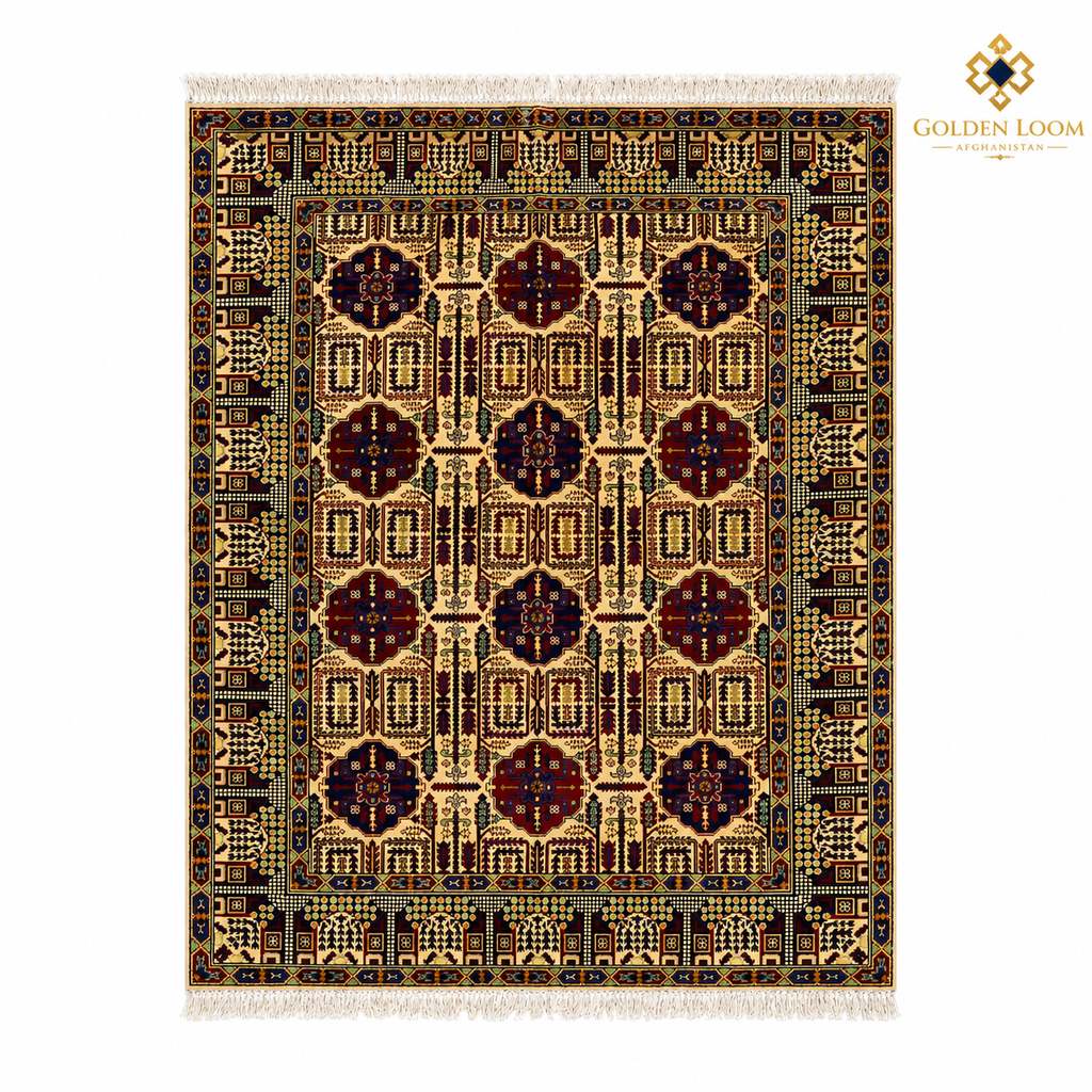 The Mazar-e-Sharif Wheat Legacy, a hand-knotted Afghan wool carpet shown in full.