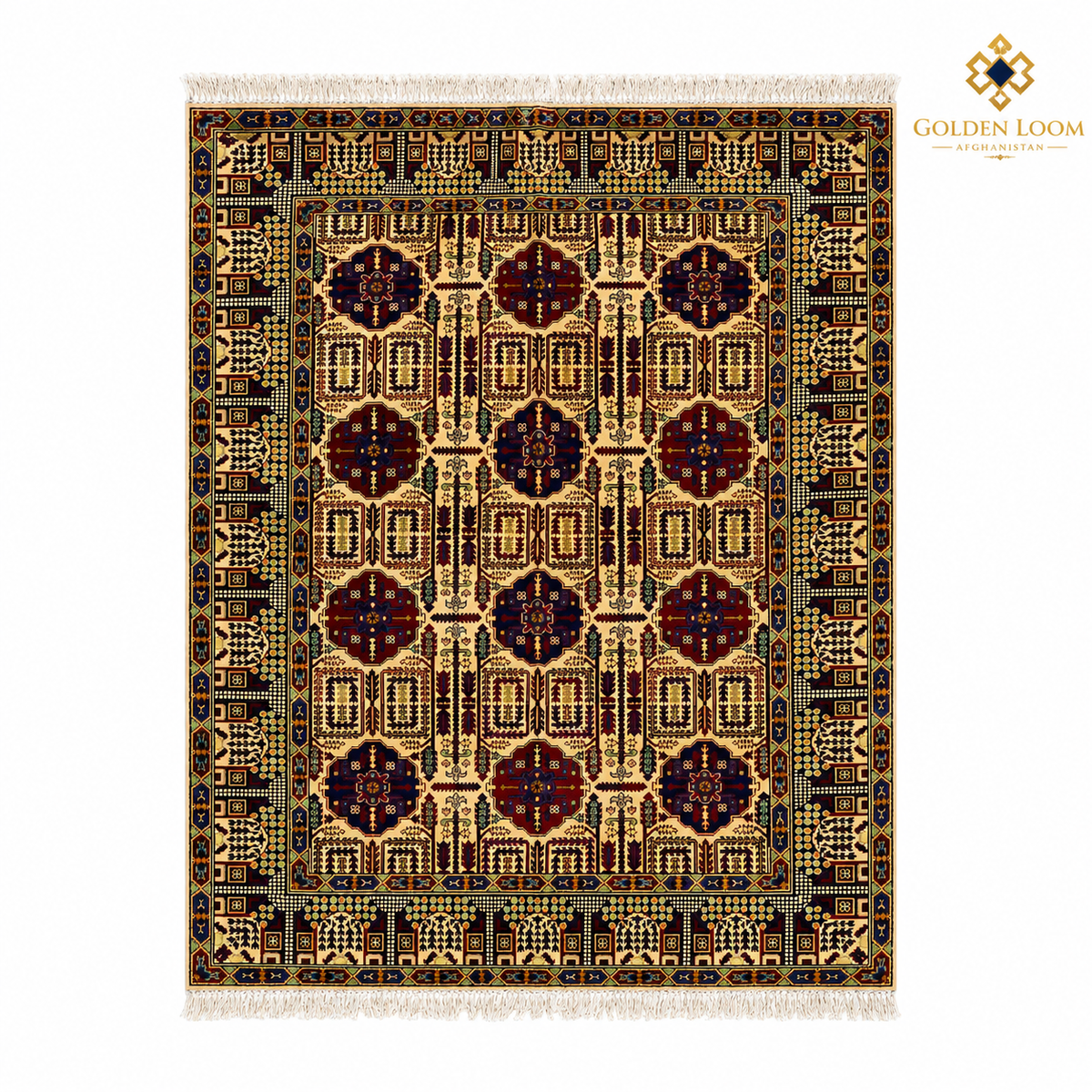 The Mazar-e-Sharif Wheat Legacy, a hand-knotted Afghan wool carpet shown in full.