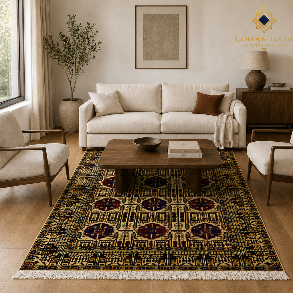 The Mazar-e-Sharif Wheat Legacy highlighting its hand-knotted pattern, natural wool and artisan craftsmanship.