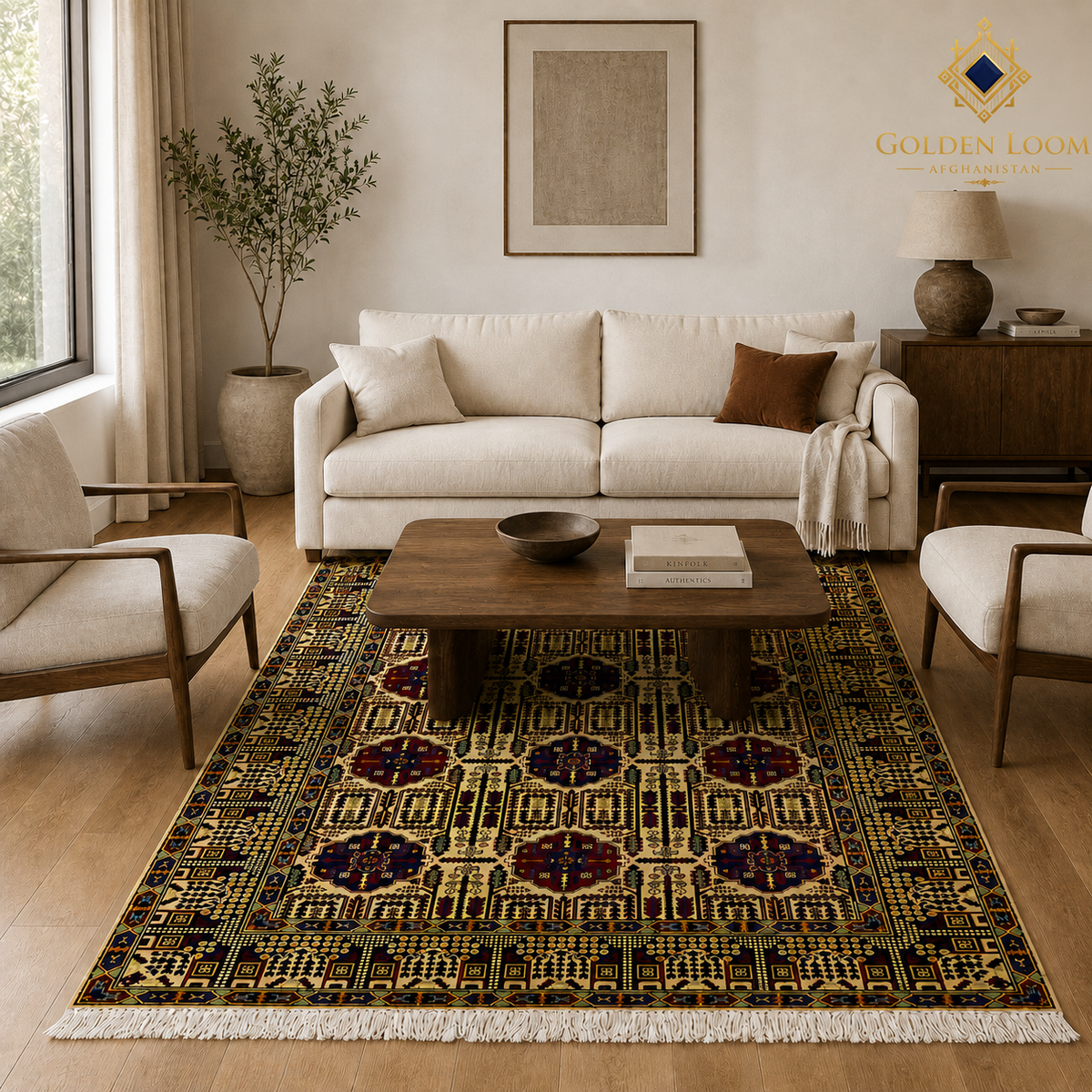 The Mazar-e-Sharif Wheat Legacy highlighting its hand-knotted pattern, natural wool and artisan craftsmanship.