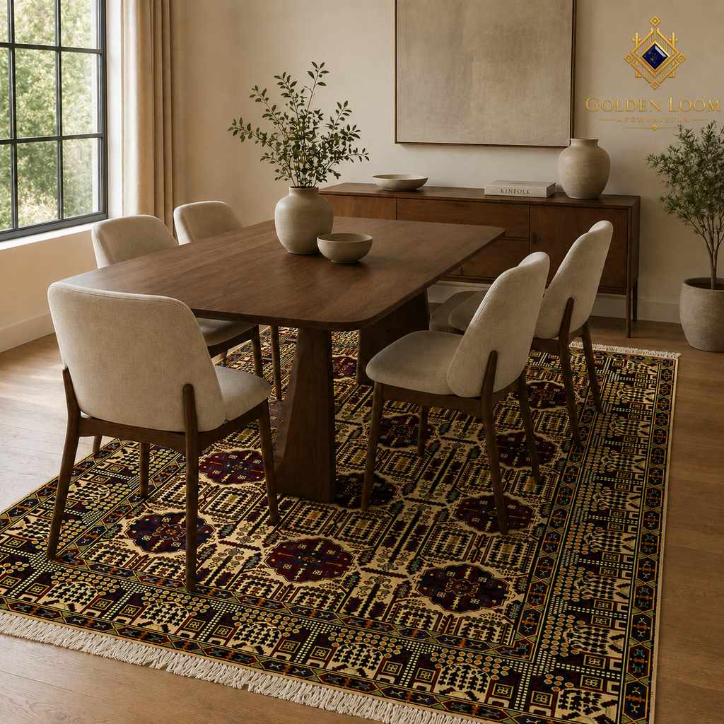 The Mazar-e-Sharif Wheat Legacy highlighting its hand-knotted pattern, natural wool and artisan craftsmanship.