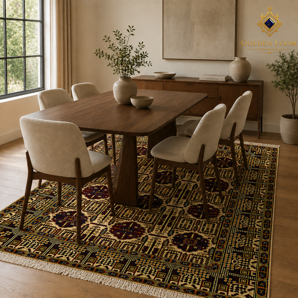 The Mazar-e-Sharif Wheat Legacy highlighting its hand-knotted pattern, natural wool and artisan craftsmanship.