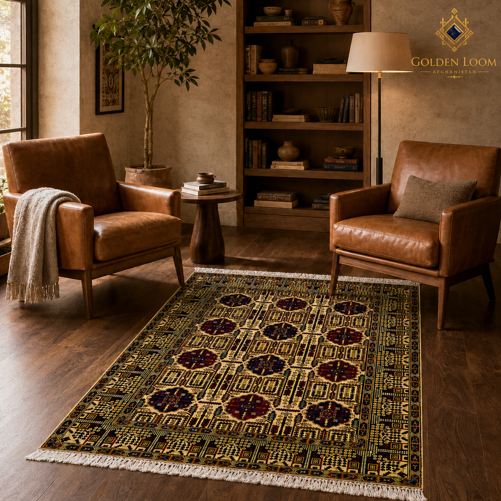 The Mazar-e-Sharif Wheat Legacy highlighting its hand-knotted pattern, natural wool and artisan craftsmanship.