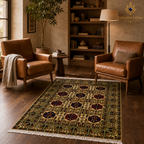 The Mazar-e-Sharif Wheat Legacy highlighting its hand-knotted pattern, natural wool and artisan craftsmanship.