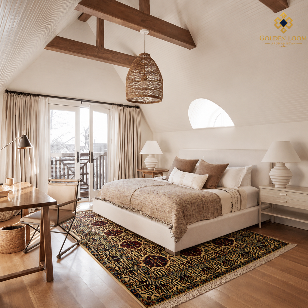 The Mazar-e-Sharif Wheat Legacy highlighting its hand-knotted pattern, natural wool and artisan craftsmanship.