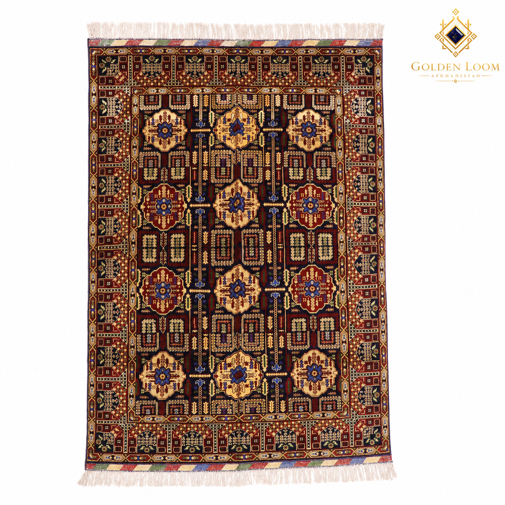 Handwoven Afghan carpet with deep burgundy field, repeating geometric medallion pattern, gold and blue floral motifs, and ivory fringe — Golden Loom Afghanistan