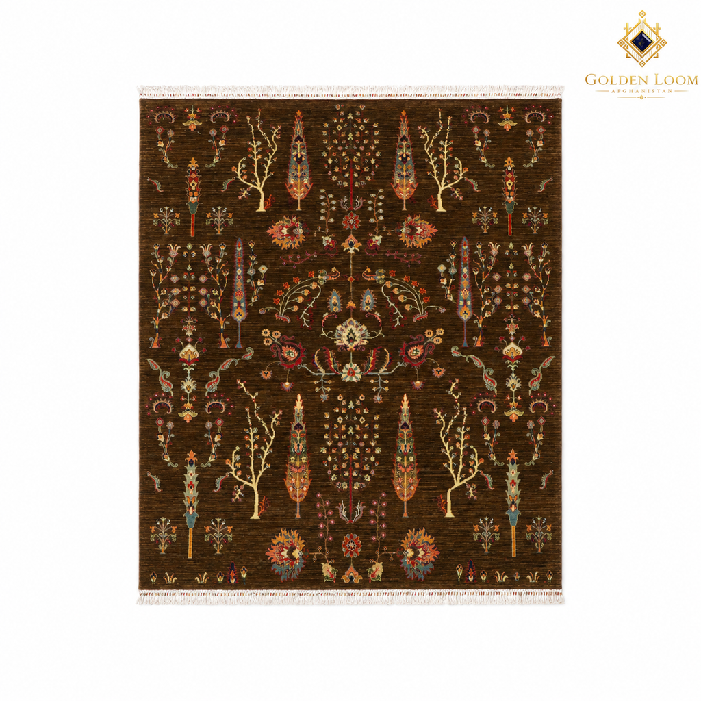 The Jawzjan Chobi Chinar Legacy, a hand-knotted Afghan wool carpet shown in full.