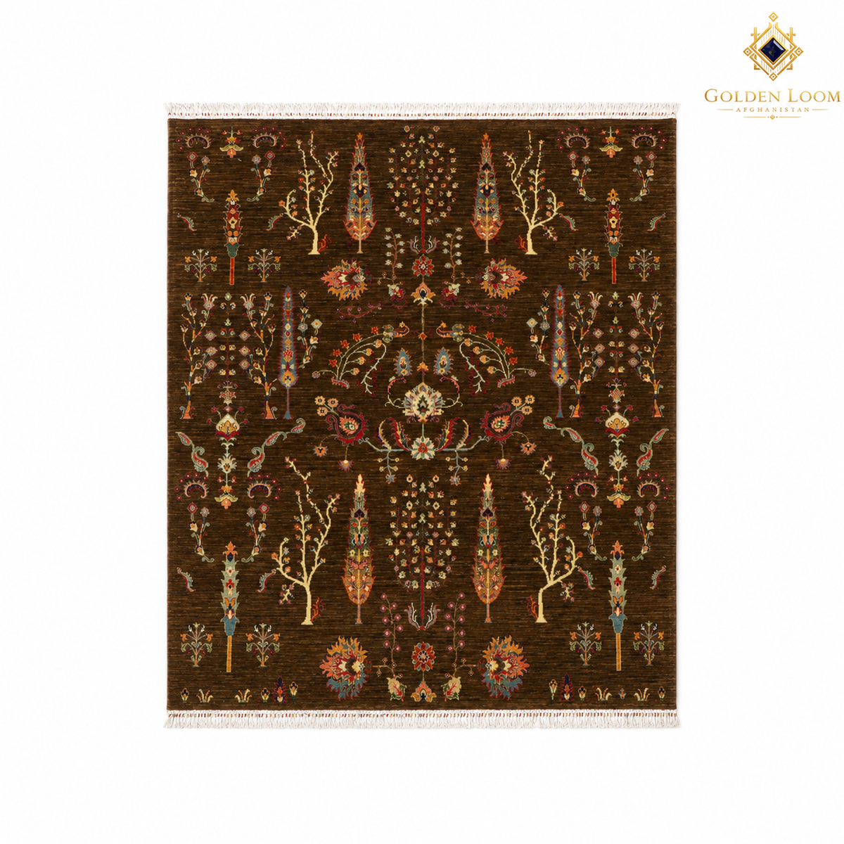 The Jawzjan Chobi Chinar Legacy, a hand-knotted Afghan wool carpet shown in full.